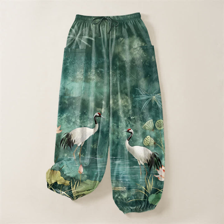 Buddha Stones Pantalones harem de algodón con estampado de grulla oriental y loto para mujer, cintura elástica y bolsillos laterales. - image 3