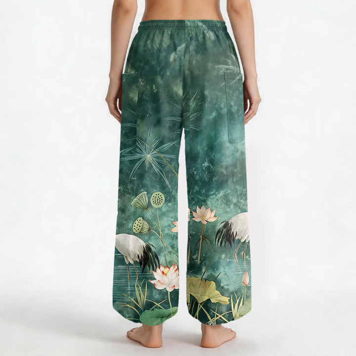 Buddha Stones Pantalones harem de algodón con estampado de grulla oriental y loto para mujer, cintura elástica y bolsillos laterales. - image 2