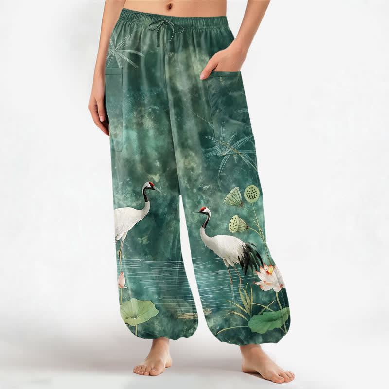 Buddha Stones Pantalones harem de algodón con estampado de grulla oriental y loto para mujer, cintura elástica y bolsillos laterales. - Aguamarina medio - US16，UK/AU20，EU48 (3XL) - image 0
