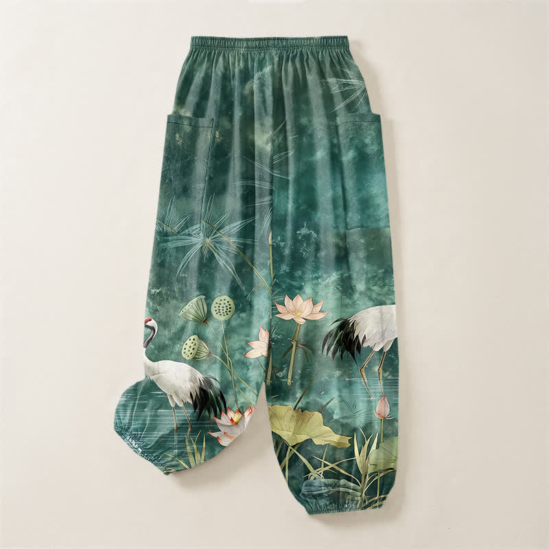 Buddha Stones Pantalones harem de algodón con estampado de grulla oriental y loto para mujer, cintura elástica y bolsillos laterales. - image 4