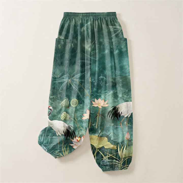 Buddha Stones Pantalones harem de algodón con estampado de grulla oriental y loto para mujer, cintura elástica y bolsillos laterales. - image 4