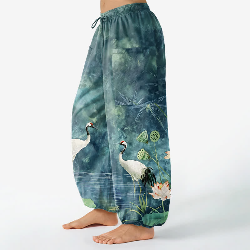 Buddha Stones Pantalones harem de algodón con estampado de grulla oriental y loto para mujer, cintura elástica y bolsillos laterales. - image 8
