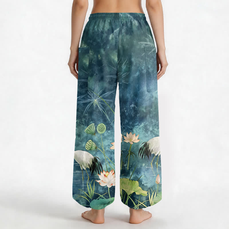 Buddha Stones Pantalones harem de algodón con estampado de grulla oriental y loto para mujer, cintura elástica y bolsillos laterales. - image 9