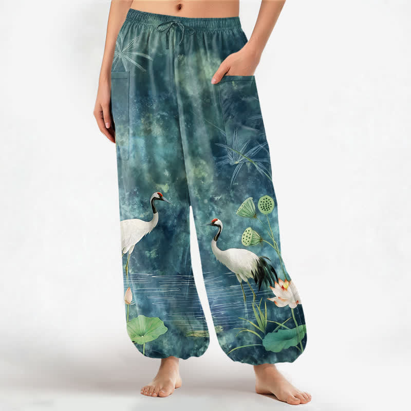 Buddha Stones Pantalones harem de algodón con estampado de grulla oriental y loto para mujer, cintura elástica y bolsillos laterales. - Verde azulado - US16，UK/AU20，EU48 (3XL) - image 7