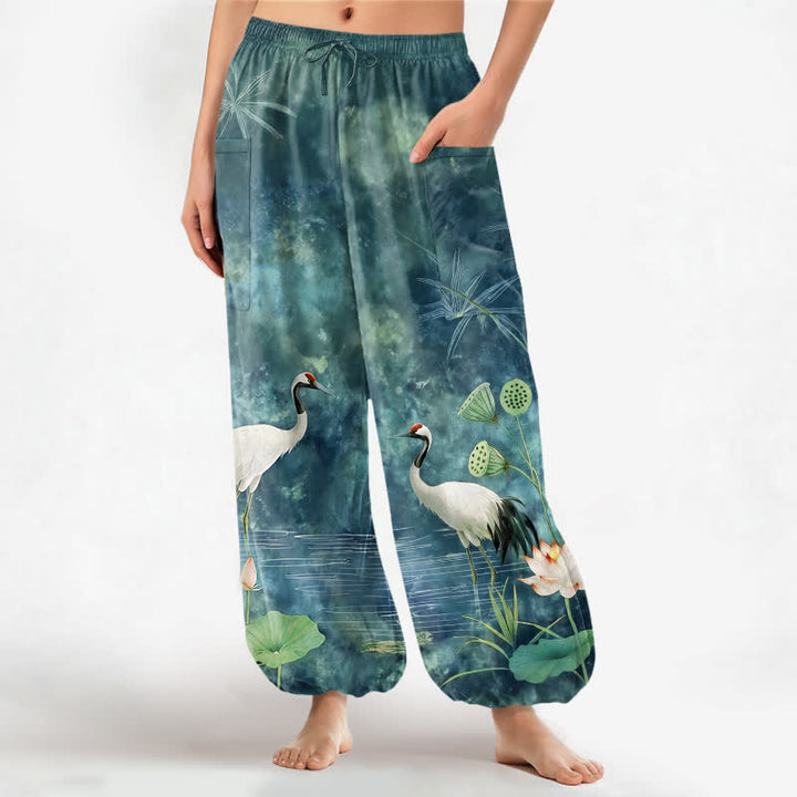 Buddha Stones Pantalones harem de algodón con estampado de grulla oriental y loto para mujer, cintura elástica y bolsillos laterales. - Verde azulado - US16，UK/AU20，EU48 (3XL) - image 7