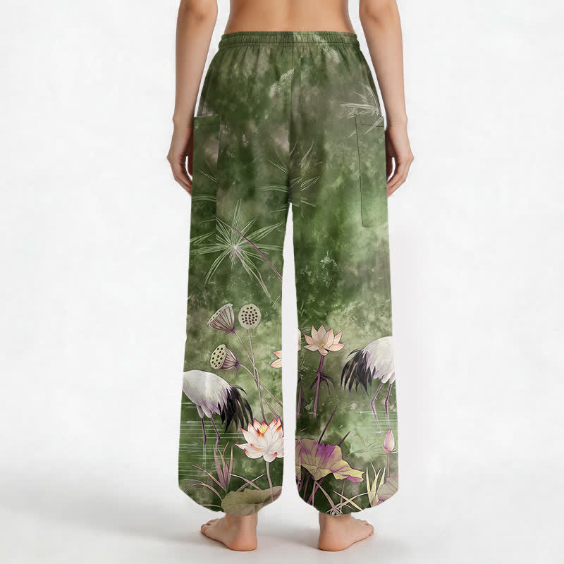 Buddha Stones Pantalones harem de algodón con estampado de grulla oriental y loto para mujer, cintura elástica y bolsillos laterales. - image 12
