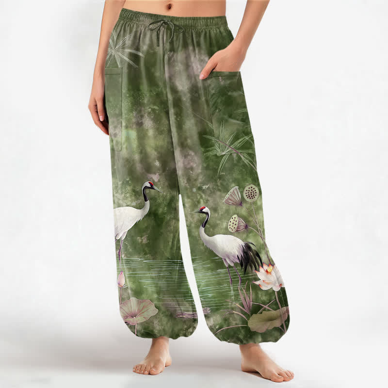 Buddha Stones Pantalones harem de algodón con estampado de grulla oriental y loto para mujer, cintura elástica y bolsillos laterales. - Verde oliva - US16，UK/AU20，EU48 (3XL) - image 10