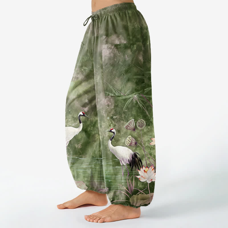 Buddha Stones Pantalones harem de algodón con estampado de grulla oriental y loto para mujer, cintura elástica y bolsillos laterales. - image 11