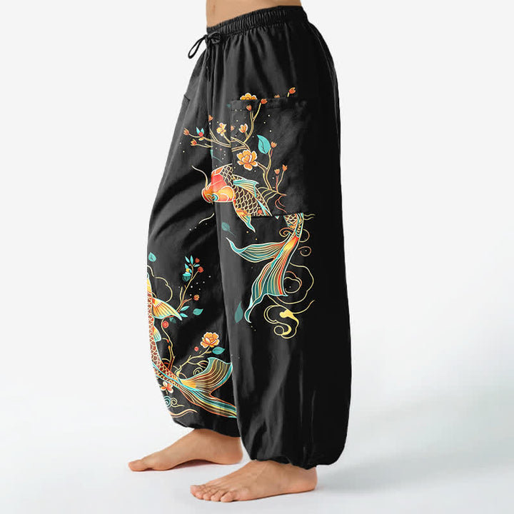 Buddha Stones Pantalones harem de algodón con estampado floral oriental de carpas koi para mujer, cintura elástica y bolsillos laterales. - image 1