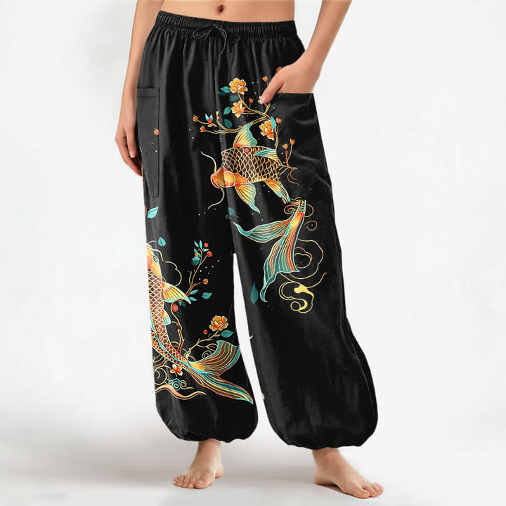 Buddha Stones Pantalones harem de algodón con estampado floral oriental de carpas koi para mujer, cintura elástica y bolsillos laterales. - Negro - US16，UK/AU20，EU48 (3XL) - image 0