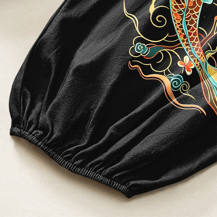 Buddha Stones Pantalones harem de algodón con estampado floral oriental de carpas koi para mujer, cintura elástica y bolsillos laterales. - image 6