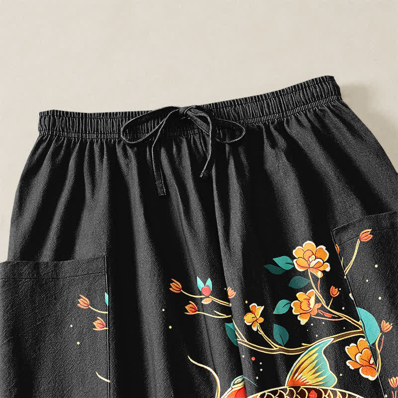 Buddha Stones Pantalones harem de algodón con estampado floral oriental de carpas koi para mujer, cintura elástica y bolsillos laterales. - image 5