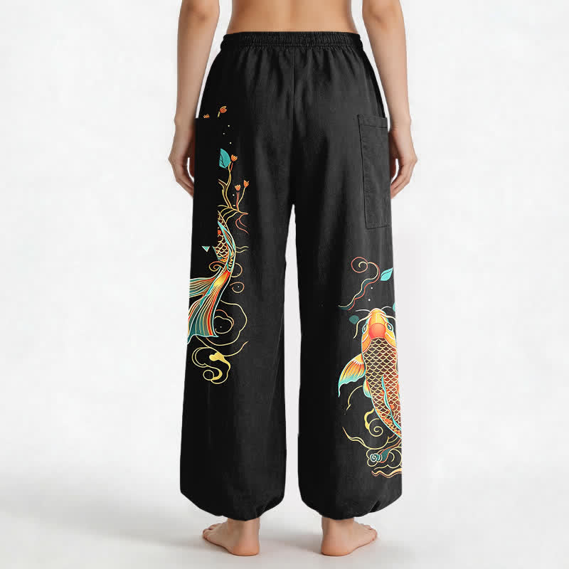 Buddha Stones Pantalones harem de algodón con estampado floral oriental de carpas koi para mujer, cintura elástica y bolsillos laterales. - image 2