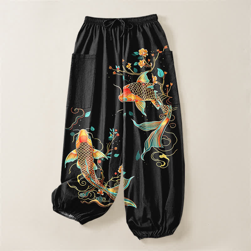 Buddha Stones Pantalones harem de algodón con estampado floral oriental de carpas koi para mujer, cintura elástica y bolsillos laterales. - image 3