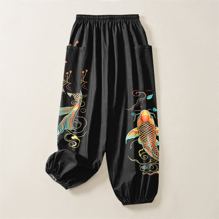 Buddha Stones Pantalones harem de algodón con estampado floral oriental de carpas koi para mujer, cintura elástica y bolsillos laterales. - image 4