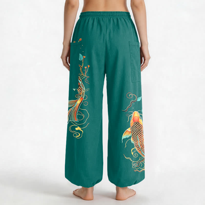 Buddha Stones Pantalones harem de algodón con estampado floral oriental de carpas koi para mujer, cintura elástica y bolsillos laterales. - image 9