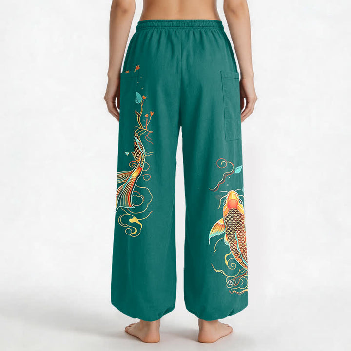 Buddha Stones Pantalones harem de algodón con estampado floral oriental de carpas koi para mujer, cintura elástica y bolsillos laterales. - image 9