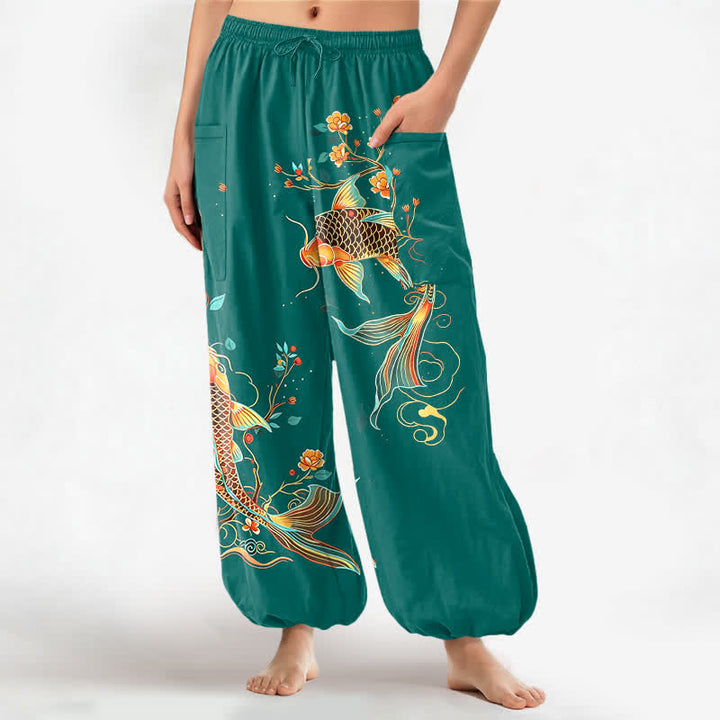 Buddha Stones Pantalones harem de algodón con estampado floral oriental de carpas koi para mujer, cintura elástica y bolsillos laterales. - Verde azulado - US16，UK/AU20，EU48 (3XL) - image 7
