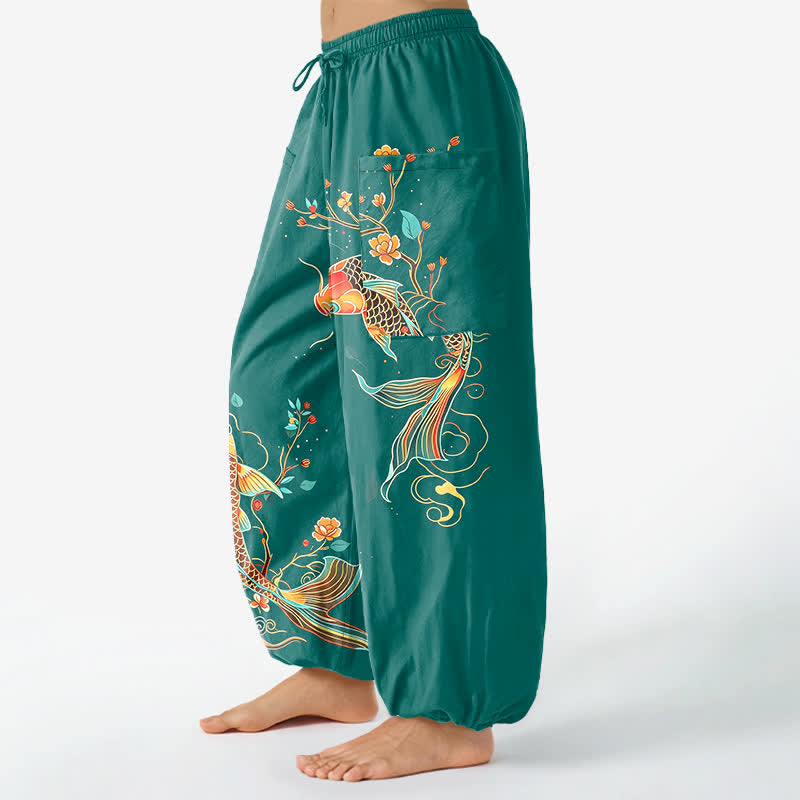 Buddha Stones Pantalones harem de algodón con estampado floral oriental de carpas koi para mujer, cintura elástica y bolsillos laterales. - image 8