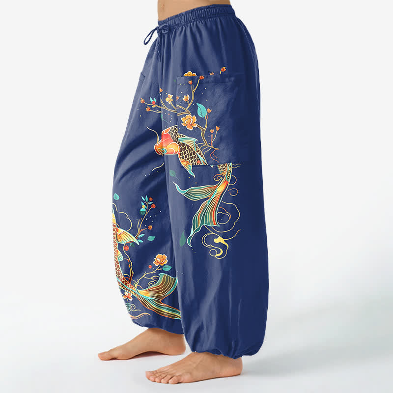 Buddha Stones Pantalones harem de algodón con estampado floral oriental de carpas koi para mujer, cintura elástica y bolsillos laterales. - image 11