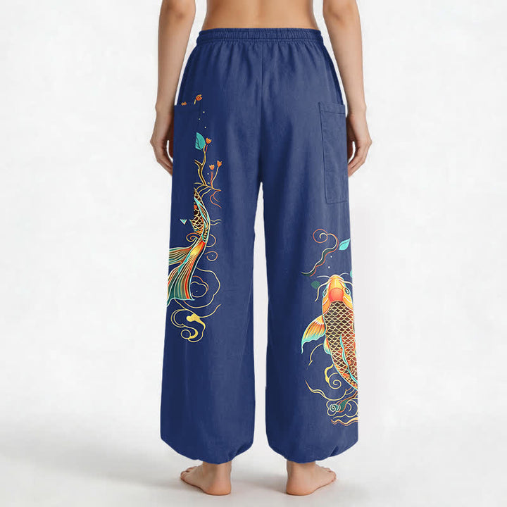 Buddha Stones Pantalones harem de algodón con estampado floral oriental de carpas koi para mujer, cintura elástica y bolsillos laterales. - image 12