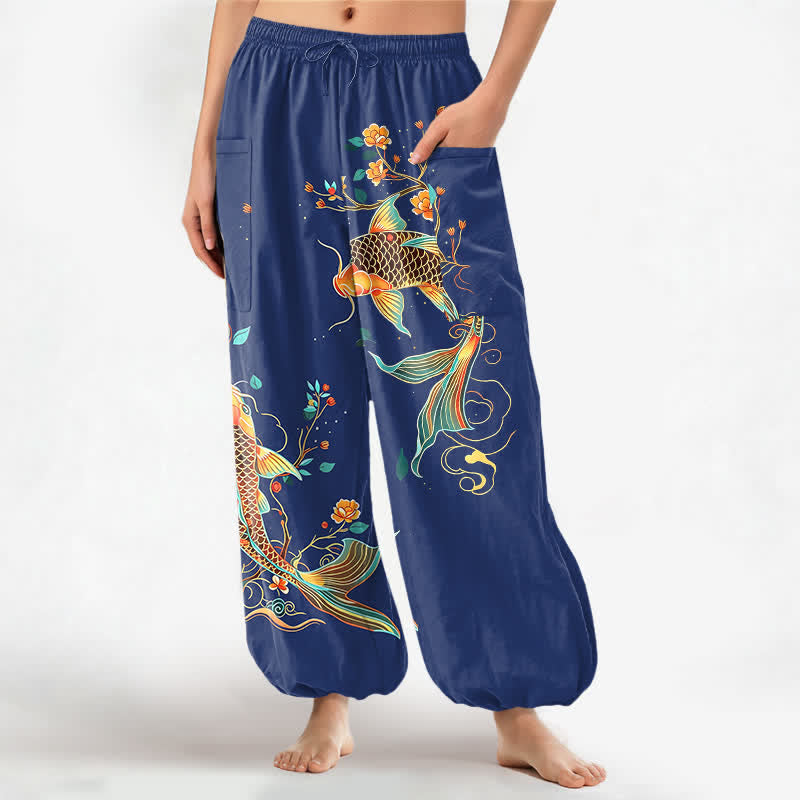 Buddha Stones Pantalones harem de algodón con estampado floral oriental de carpas koi para mujer, cintura elástica y bolsillos laterales. - Marina de guerra - US16，UK/AU20，EU48 (3XL) - image 10