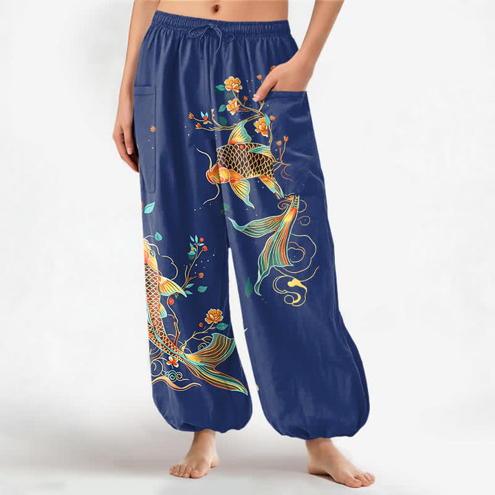 Buddha Stones Pantalones harem de algodón con estampado floral oriental de carpas koi para mujer, cintura elástica y bolsillos laterales. - Marina de guerra - US16，UK/AU20，EU48 (3XL) - image 10