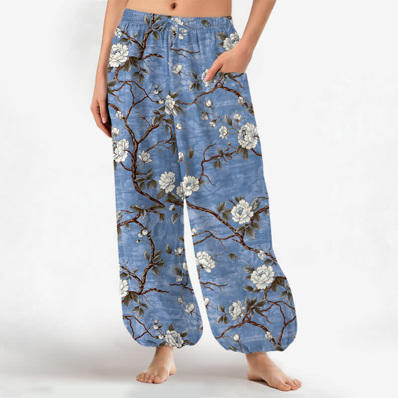 Buddha Stones Pantalones harem de algodón con estampado floral botánico y cintura elástica para mujer, con bolsillos laterales. - Azul acero - US16，UK/AU20，EU48 (3XL) - image 0