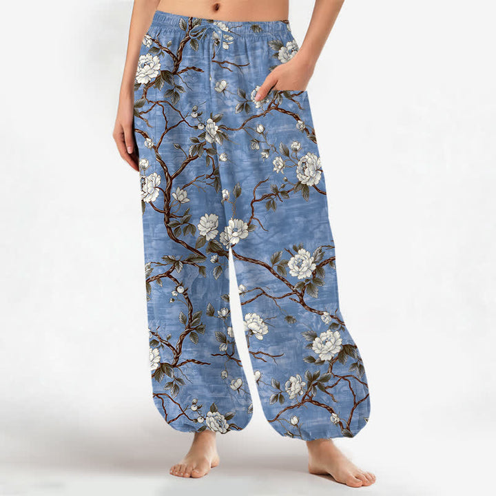 Buddha Stones Pantalones harem de algodón con estampado floral botánico y cintura elástica para mujer, con bolsillos laterales. - Azul acero - US16，UK/AU20，EU48 (3XL) - image 0