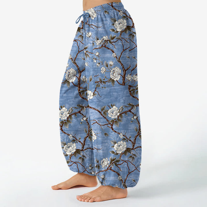 Buddha Stones Pantalones harem de algodón con estampado floral botánico y cintura elástica para mujer, con bolsillos laterales. - image 1