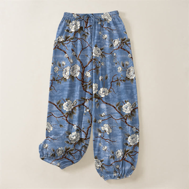 Buddha Stones Pantalones harem de algodón con estampado floral botánico y cintura elástica para mujer, con bolsillos laterales. - image 3