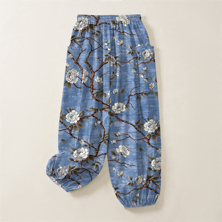 Buddha Stones Pantalones harem de algodón con estampado floral botánico y cintura elástica para mujer, con bolsillos laterales. - image 4