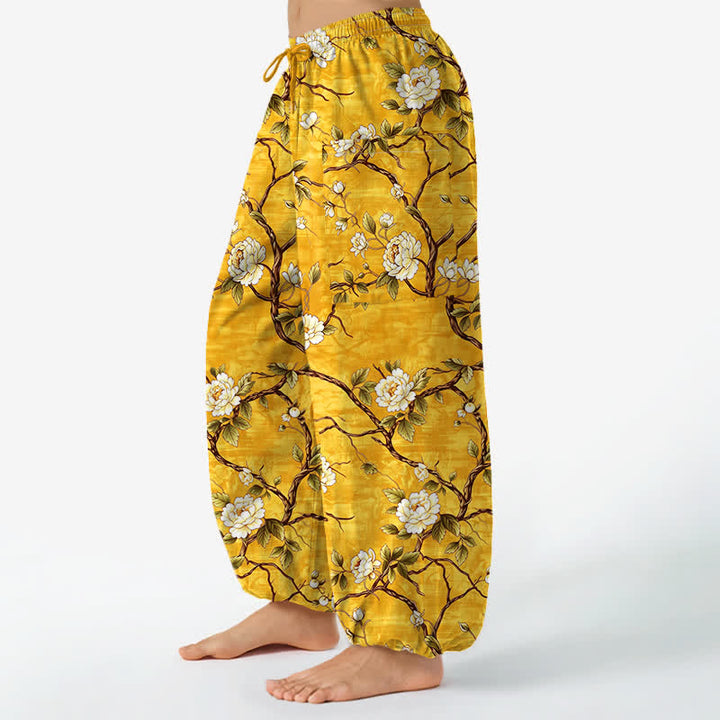 Buddha Stones Pantalones harem de algodón con estampado floral botánico y cintura elástica para mujer, con bolsillos laterales. - image 8