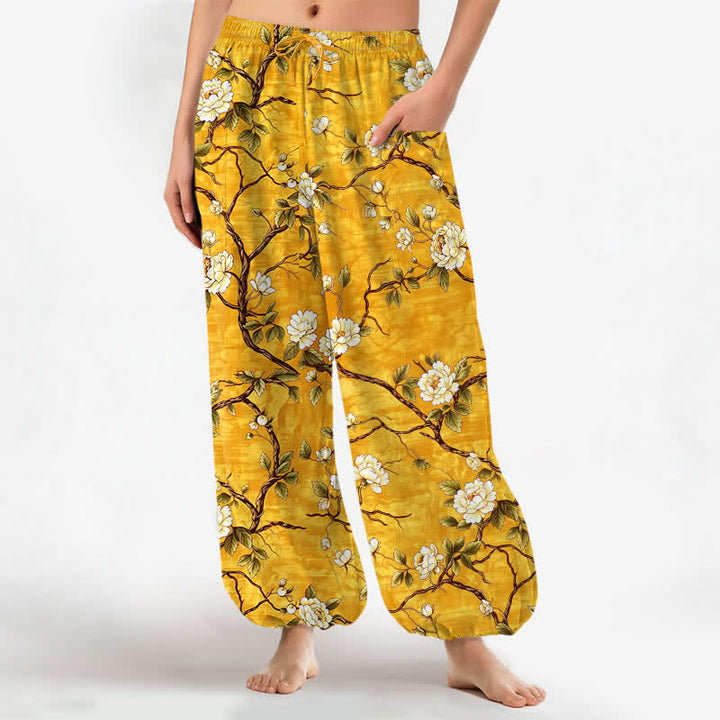 Buddha Stones Pantalones harem de algodón con estampado floral botánico y cintura elástica para mujer, con bolsillos laterales. - Oro - US16，UK/AU20，EU48 (3XL) - image 7