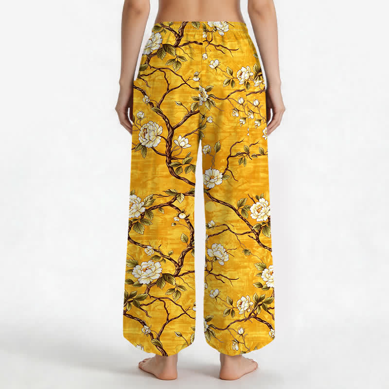 Buddha Stones Pantalones harem de algodón con estampado floral botánico y cintura elástica para mujer, con bolsillos laterales. - image 9