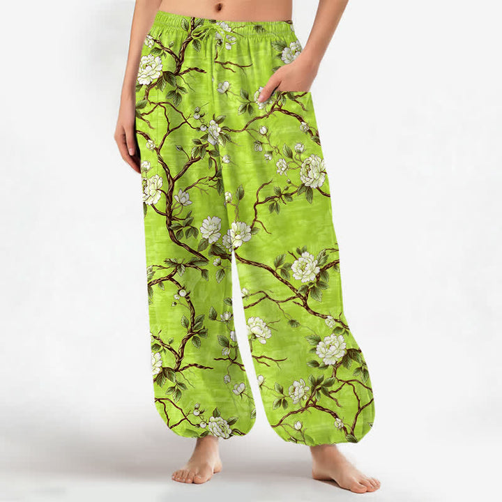 Buddha Stones Pantalones harem de algodón con estampado floral botánico y cintura elástica para mujer, con bolsillos laterales. - Césped verde - US16，UK/AU20，EU48 (3XL) - image 10