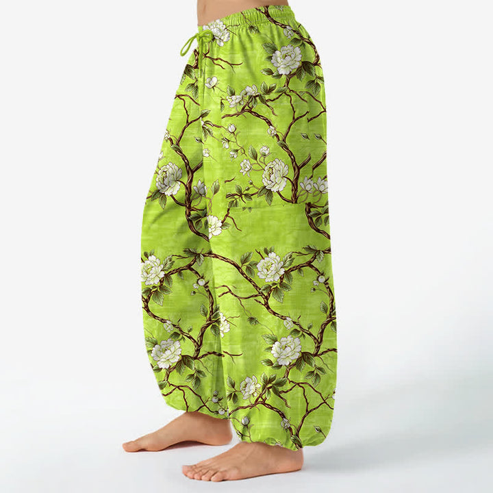 Buddha Stones Pantalones harem de algodón con estampado floral botánico y cintura elástica para mujer, con bolsillos laterales. - image 11