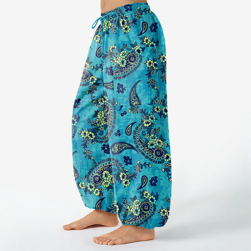 Buddha Stones Pantalones harem de algodón con estampado floral paisley vintage para mujer, cintura elástica y bolsillos laterales. - image 1