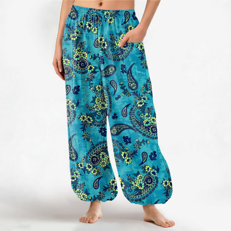 Buddha Stones Pantalones harem de algodón con estampado floral paisley vintage para mujer, cintura elástica y bolsillos laterales. - Cian - US16，UK/AU20，EU48 (3XL) - image 0