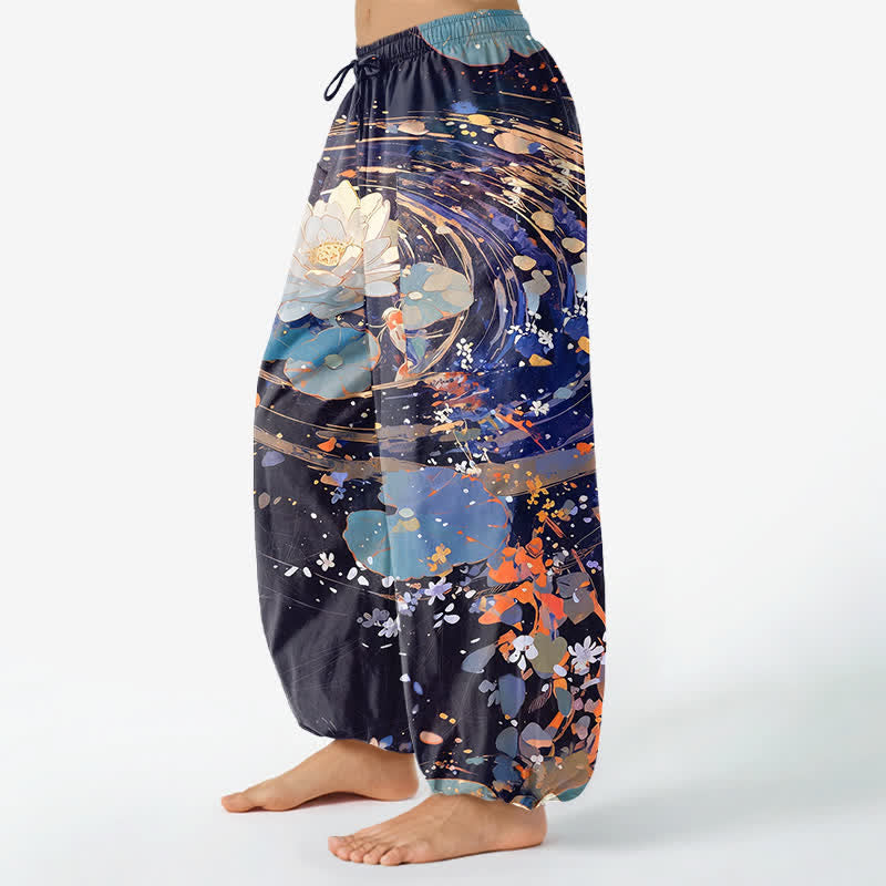 Buddha Stones Pantalones harem de algodón con estampado de loto koi en acuarela para mujer, cintura elástica y bolsillos laterales. - image 1