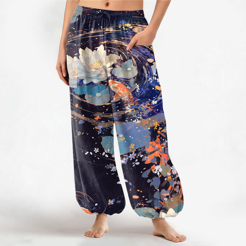 Buddha Stones Pantalones harem de algodón con estampado de loto koi en acuarela para mujer, cintura elástica y bolsillos laterales. - Azul medianoche - US16，UK/AU20，EU48 (3XL) - image 0
