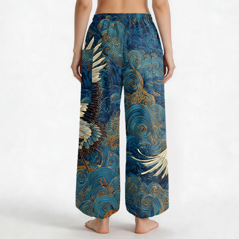 Buddha Stones Pantalones harem de algodón con estampado de grulla dorada y olas, cintura elástica y bolsillos laterales para mujer. - image 2
