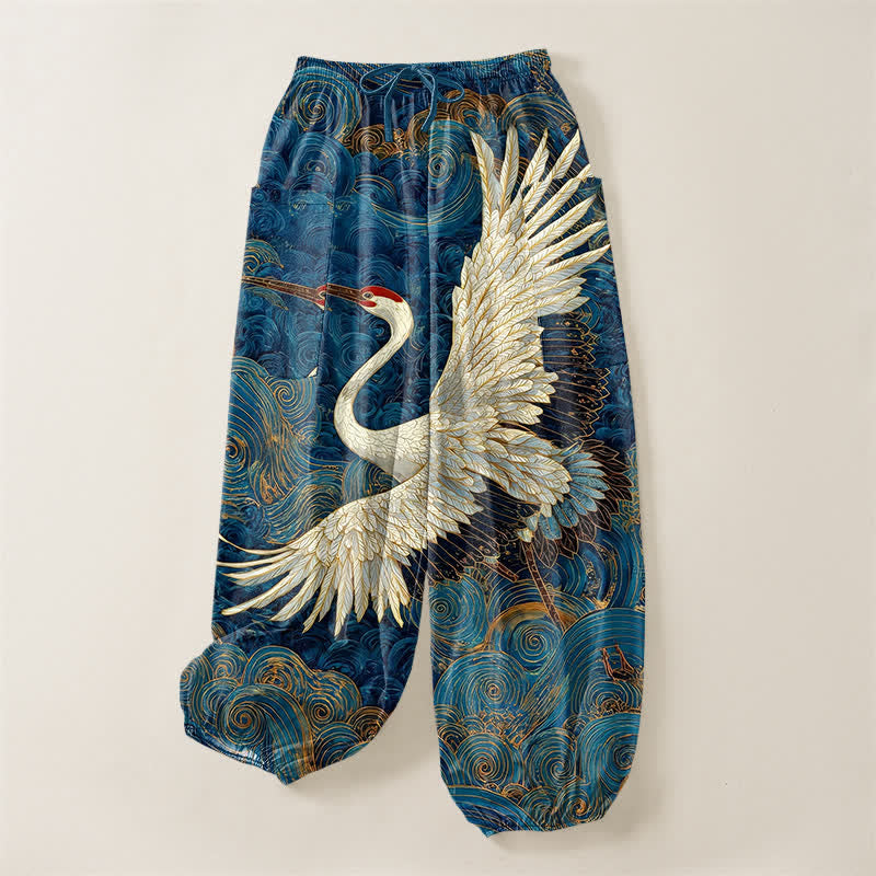 Buddha Stones Pantalones harem de algodón con estampado de grulla dorada y olas, cintura elástica y bolsillos laterales para mujer. - image 3