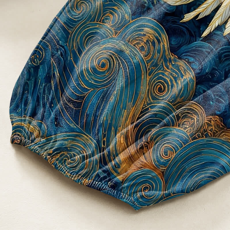 Buddha Stones Pantalones harem de algodón con estampado de grulla dorada y olas, cintura elástica y bolsillos laterales para mujer. - image 6