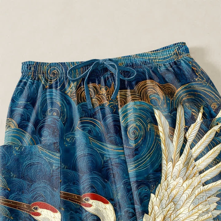 Buddha Stones Pantalones harem de algodón con estampado de grulla dorada y olas, cintura elástica y bolsillos laterales para mujer. - image 5