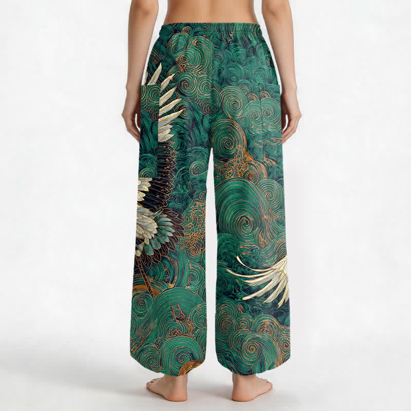 Buddha Stones Pantalones harem de algodón con estampado de grulla dorada y olas, cintura elástica y bolsillos laterales para mujer. - image 9