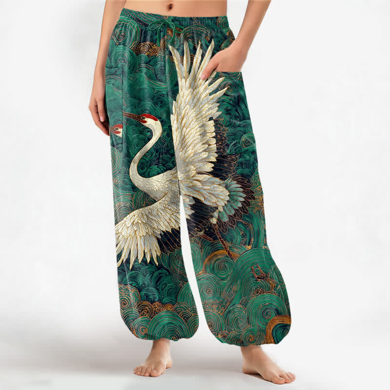 Buddha Stones Pantalones harem de algodón con estampado de grulla dorada y olas, cintura elástica y bolsillos laterales para mujer. - Verdemar - US16，UK/AU20，EU48 (3XL) - image 7