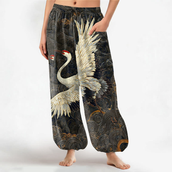 Buddha Stones Pantalones harem de algodón con estampado de grulla dorada y olas, cintura elástica y bolsillos laterales para mujer. - Negro - US16，UK/AU20，EU48 (3XL) - image 10
