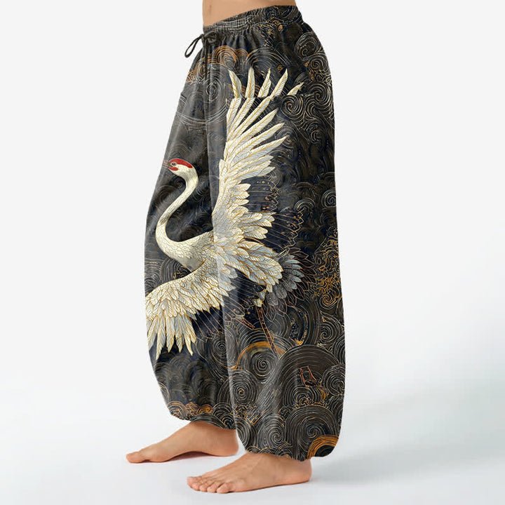 Buddha Stones Pantalones harem de algodón con estampado de grulla dorada y olas, cintura elástica y bolsillos laterales para mujer. - image 11