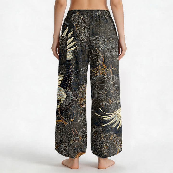 Buddha Stones Pantalones harem de algodón con estampado de grulla dorada y olas, cintura elástica y bolsillos laterales para mujer. - image 12